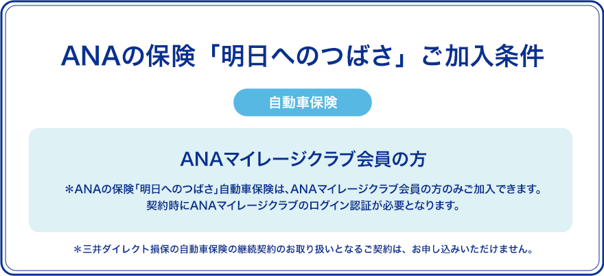 ANAの保険　明日へのつばさ　ご加入条件　自動車保険　ANAマイレージクラブ会員の方　*ANAの保険「明日へのつばさ」自動車保険は、ANAマイレージクラブ会員の方のみご加入できます。契約時にANAマイレージクラブのログイン認証が必要となります。*三井ダイレクト損保の自動車保険の継続契約のお取り扱いとなるご契約は、お申し込みいただけません。