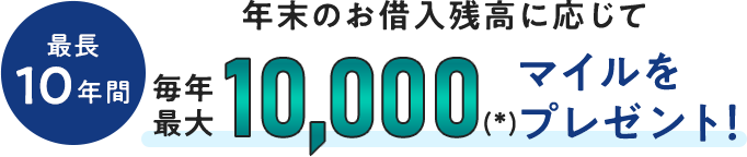 最長10年間、年末のお借入残高に応じて毎年最大10,000(*)マイルをプレゼント！