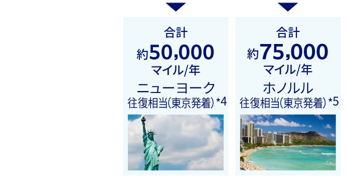 国内ショッピングと外貨定期預金で1年あたり合計約50,000マイルはニューヨーク往復相当（東京発着）（*4）、さらに住宅ローンを加えると1年あたり約75,000マイルでホノルル往復相当（東京発着）（*5）