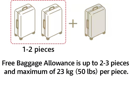 1-2 pieces Free Baggage Allowance is up to 2-3 pieces and maximum of 23 kg (50 lbs) per piece.
