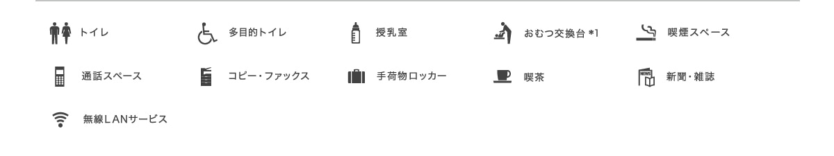トイレ、多目的トイレ、授乳室、おむつ交換台*1、喫煙スペース、通話スペース、コピー・ファックス、手荷物ロッカー、喫茶、新聞・雑誌、無線LANサービス