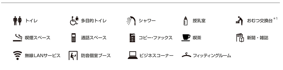 トイレ、多目的トイレ、シャワー、授乳室、おむつ交換台*1、喫煙スペース、通話スペース、コピー・ファックス、喫茶、新聞・雑誌、無線LANサービス、防音個室ブース、ビジネスコーナー、フィッティングルーム