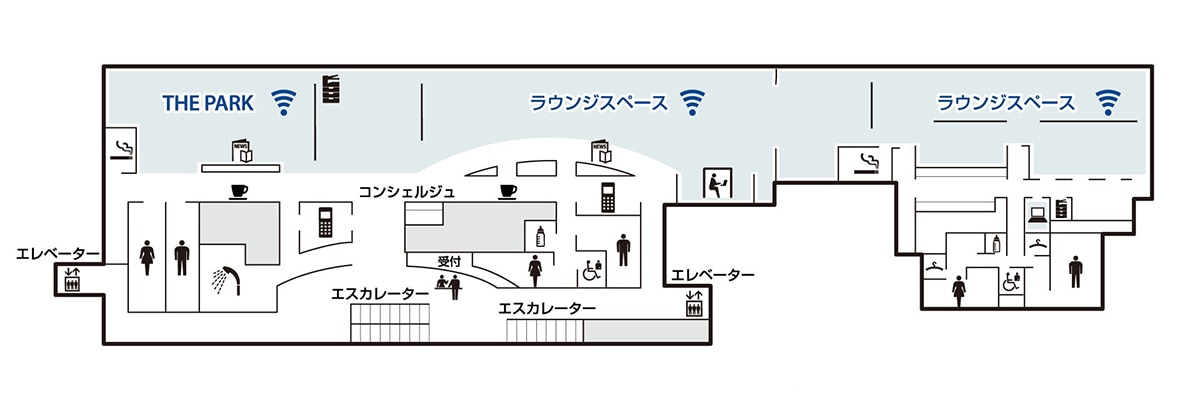 ANA SUITE LOUNGEのラウンジマップ。設備のご案内。保安検査後4階へのエスカレーターを上ると受付があり、受付前のフロア左右両端にそれぞれエレベーターがございます。受付を通過した左手には通話スペース、THE PARKのエリアがございます。奥に喫煙スペース、向かいにトイレ、喫茶エリアがあり、喫茶エリア手前の通路を進むとシャワールームがございます。THE PARKのエリア横にはコピー・ファックスが配置されております。受付を通過した右手にはコンシェルジュがおり、その先ラウンジスペースがございます。向かいに喫茶エリア、通話スペースがあり、間の通路を進むと授乳室、トイレ、多目的トイレがございます。THE PARKのエリアとこのラウンジスペースにはそれぞれ新聞、雑誌をご用意しております。さらに奥にあるラウンジスペースへ進む途中に防音個室ブースと喫煙スペースがございます。奥のラウンジスペースには、ビジネスコーナー、コピー・ファックスエリアがあり、ビジネスコーナー手前の通路を進むと授乳室、多目的トイレ、男性用女性用トイレがあり、それぞれにフィッティングルームが配置されております。THE PARK、ラウンジスペースでは無線LANサービスのご利用が可能です。
