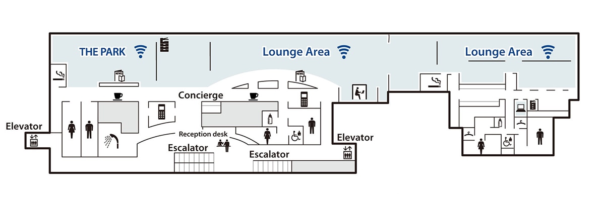 ANA SUITE LOUNGE Map. Facilities guide. After passing through security, the escalator to the 4th floor leads to the reception desk, with elevators located at both ends of this floor in front of the reception desk. Past the reception desk, on your left you will find the Phone Call Area and THE PARK. There is a smoking area at the back, with the toilets and the Food and Drink Area opposite, and a shower room located in the corridor in front of the Food and Drink Area. A photocopier/fax machine is located next to THE PARK. The Concierge is to the right as you go past the reception desk, with the Lounge Area beyond that. There is a Food and Drink Area and Phone Call Area opposite, with a Nursing Room, Toilets and Multi-purpose Lavatory located in the hallway between them. Newspapers and magazines are available in this lounge area and in THE PARK. On the way to the further Lounge Area are Soundproof Work Booths and the Smoking Area. Located in the further Lounge Area is a Business Area and Photocopy/Fax Machine Area. The hallway in front of the Business Area leads to the Nursing Room, Multi-purpose Lavatory, and men's and women's toilets each with their own changing room. Wi-Fi is available in THE PARK and Lounge Areas.