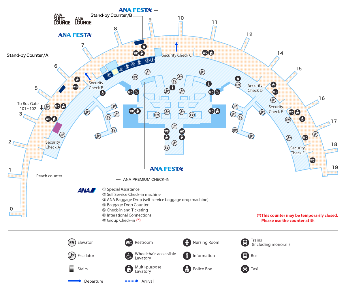 A special assistance counter is located in the 2nd floor departure lobby at counter 1 for ANA Japan domestic flights. This can be found between departure gates B and C.