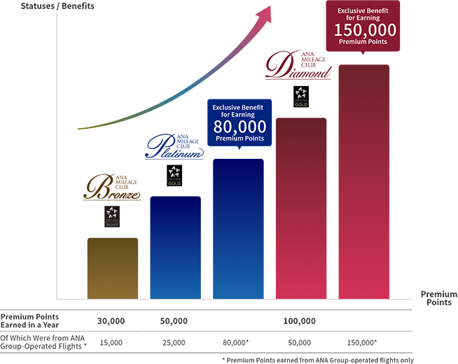 Status shifts for frequent flyers. Upgrade gradually from standard membership to our Bronze, Platinum and Diamond Service statuses. Exclusive benefits will be offered when you gain 80,000 and 150,000 Premium Points.