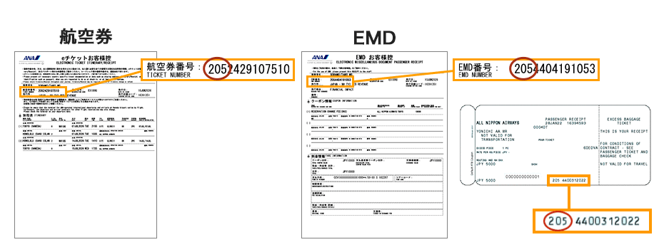 ANAで発券された航空券/EMD番号(eチケットお客様控)イメージ