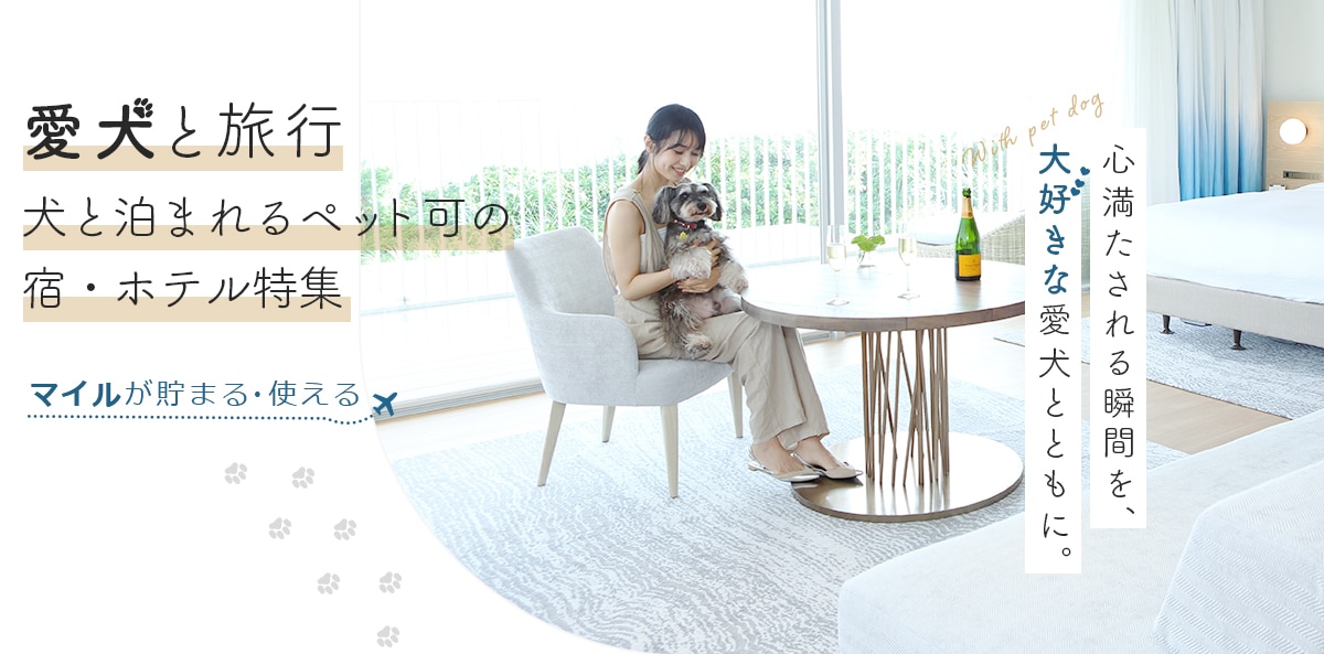 愛犬と旅行　犬と泊まれるペット可の宿・ホテル特集　マイルが貯まる・使える　心満たされる瞬間を、大好きな愛犬とともに。