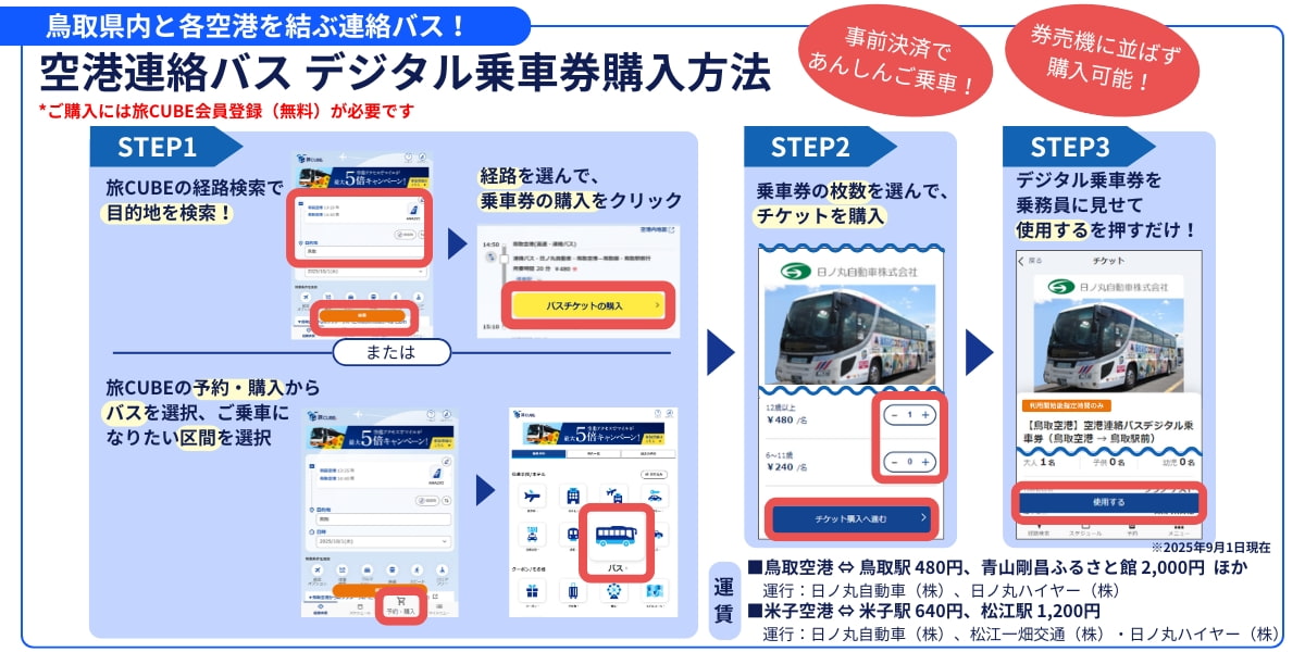 鳥取空港・米子空港と鳥取県内を結ぶ連絡バスのデジタル乗車券をご購入いただけます。ご購入には、無料の旅CUBE会員登録が必要です。 まずは目的地までの経路を検索。経路一覧から経路を選んだら、購入ボタンをクリック。乗車券の枚数を選択して、ご購入ください。 購入した乗車券は、乗降の際に乗務員へ見せながら、使用するボタンを押して使用します。