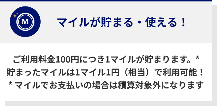ご利用料金100円につき1マイルが貯まります。*貯まったマイルは1マイル1円（相当）で利用可能！* マイルでお支払いの場合は積算対象外になります