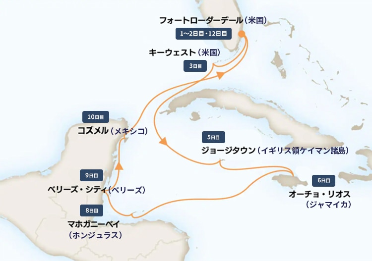フォートローダーデール（米国）：1～2日目 キーウェスト（米国）：3日目 ジョージタウン（イギリス領ケイマン諸島）：5日目 オーチョ・リオス（ジャマイカ）：6日目 マホガニーベイ（ホンジュラス）：8日目 ベリーズ・シティ（ベリーズ）：9日目 コズメル（メキシコ） ：10日目 フォートローダーデール（米国）：12日目
