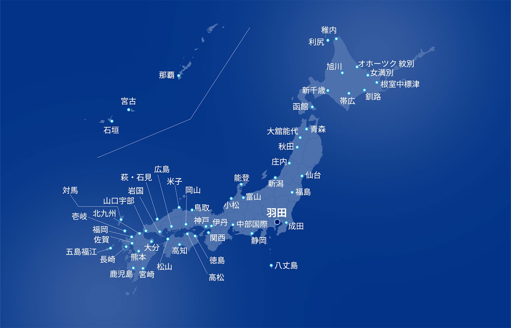 稚内 / 利尻 / オホーツク紋別 / 女満別 / 旭川 / 根室中標津 / 新千歳 / 釧路 / 帯広 / 函館 / 青森 / 大館能代 / 秋田 / 庄内 / 仙台 / 新潟 / 福島 / 能登 / 富山 / 小松 / 成田 / 羽田 / 中部国際 / 静岡 / 鳥取 / 米子 / 伊丹 / 神戸 / 岡山 / 関西 / 広島 / 萩・石見 / 徳島 / 高松 / 岩国 / 松山 / 山口宇部 / 高知 / 北九州 / 対馬 / 福岡 / 壱岐 / 佐賀 / 大分 / 長崎 / 熊本 / 五島福江 / 八丈島 / 宮崎 / 鹿児島 / 那覇 / 宮古 / 石垣
