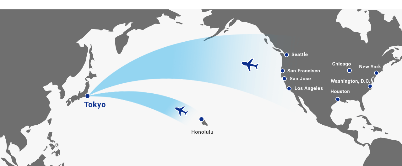 ANA's flight route map from US cities to Tokyo