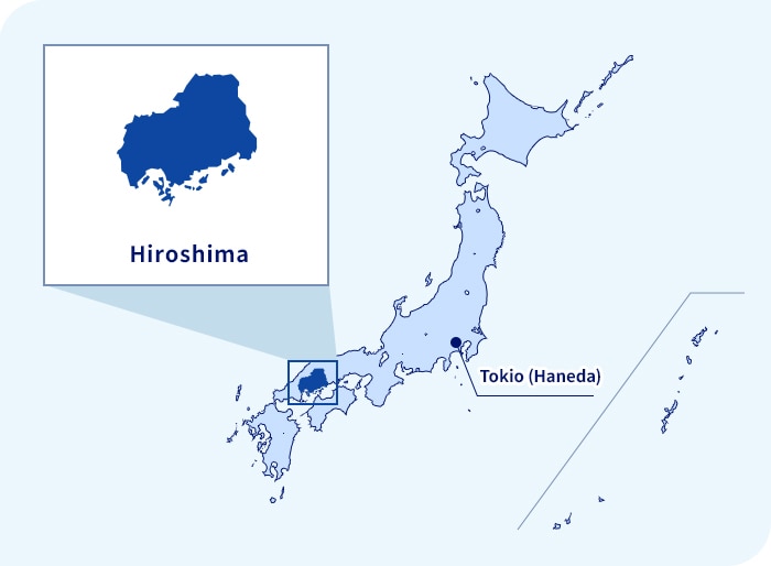 Karte von Japan. Hiroshima liegt westlich von Tokio (Haneda)