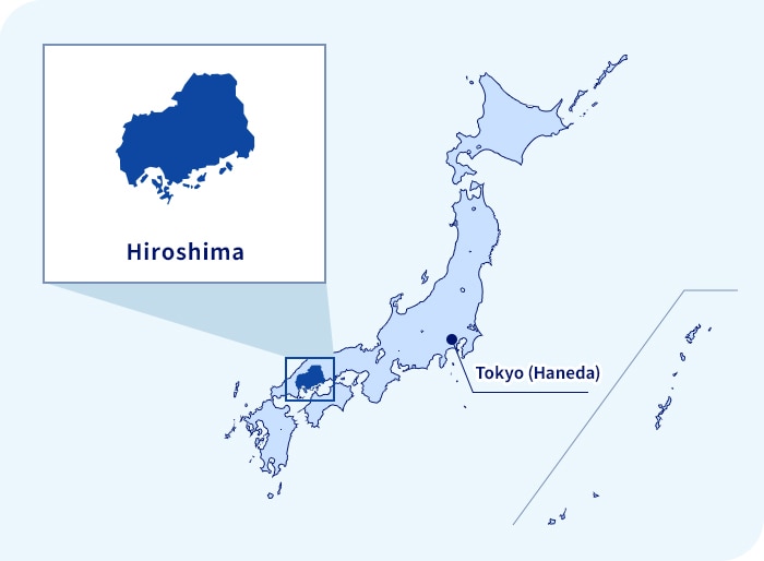 Map of Japan. Hiroshima located west of Tokyo (Haneda)
