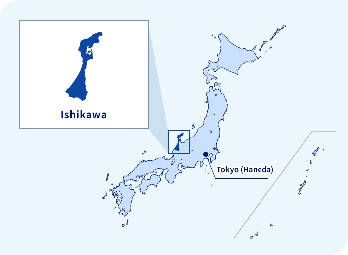 Map of Japan. Ishikawa located northwest of Tokyo (Haneda)