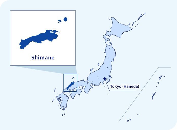 Map of Japan. Shimane located west of Tokyo (Haneda)