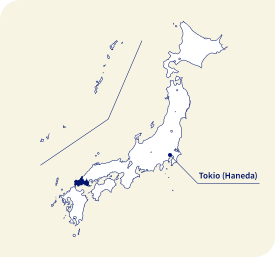 Karte von Japan. Yamaguchi liegt westlich von Tokio (Haneda)