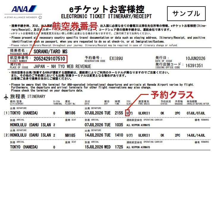ANA国際線搭乗券サンプル（eチケットお客様控）