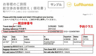 その他航空会社搭乗券サンプル（その他航空会社eチケット控えサンプル LH）