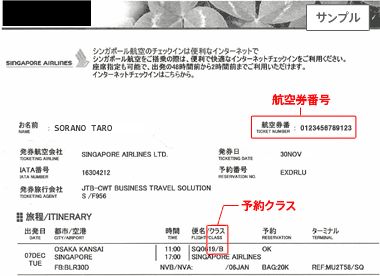 その他航空会社搭乗券サンプル（その他航空会社eチケット控えサンプル SG）