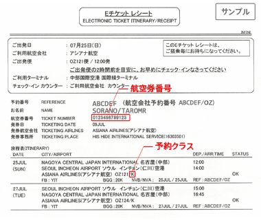 その他航空会社搭乗券サンプル（その他航空会社eチケット控えサンプル OZ）
