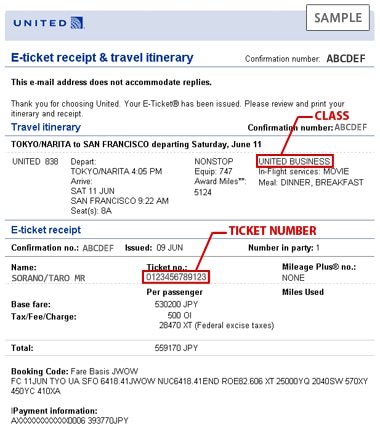 The information that must be entered TICKET NUMBER, CLASS.(UA)
