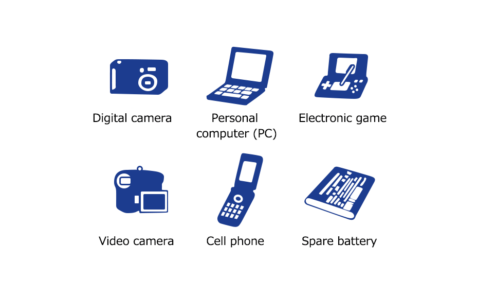 Digital camera, Personal computer(PC), Electronic game, Video camera, Cell phone, Spare battery