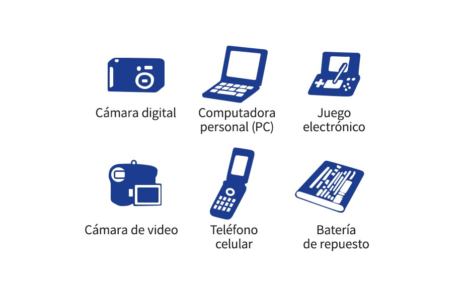 Cámara digital, computadora personal (PC), juego electrónico, cámara de video, teléfono celular, batería de repuesto