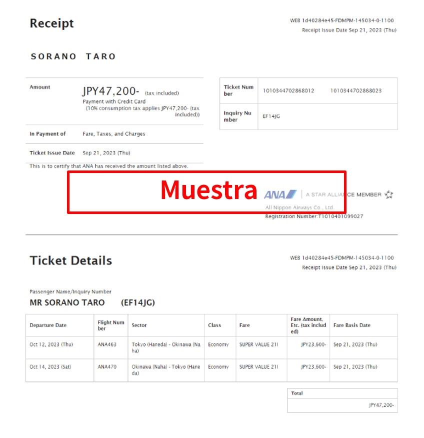 Ejemplo de pantalla de resumen de boletos