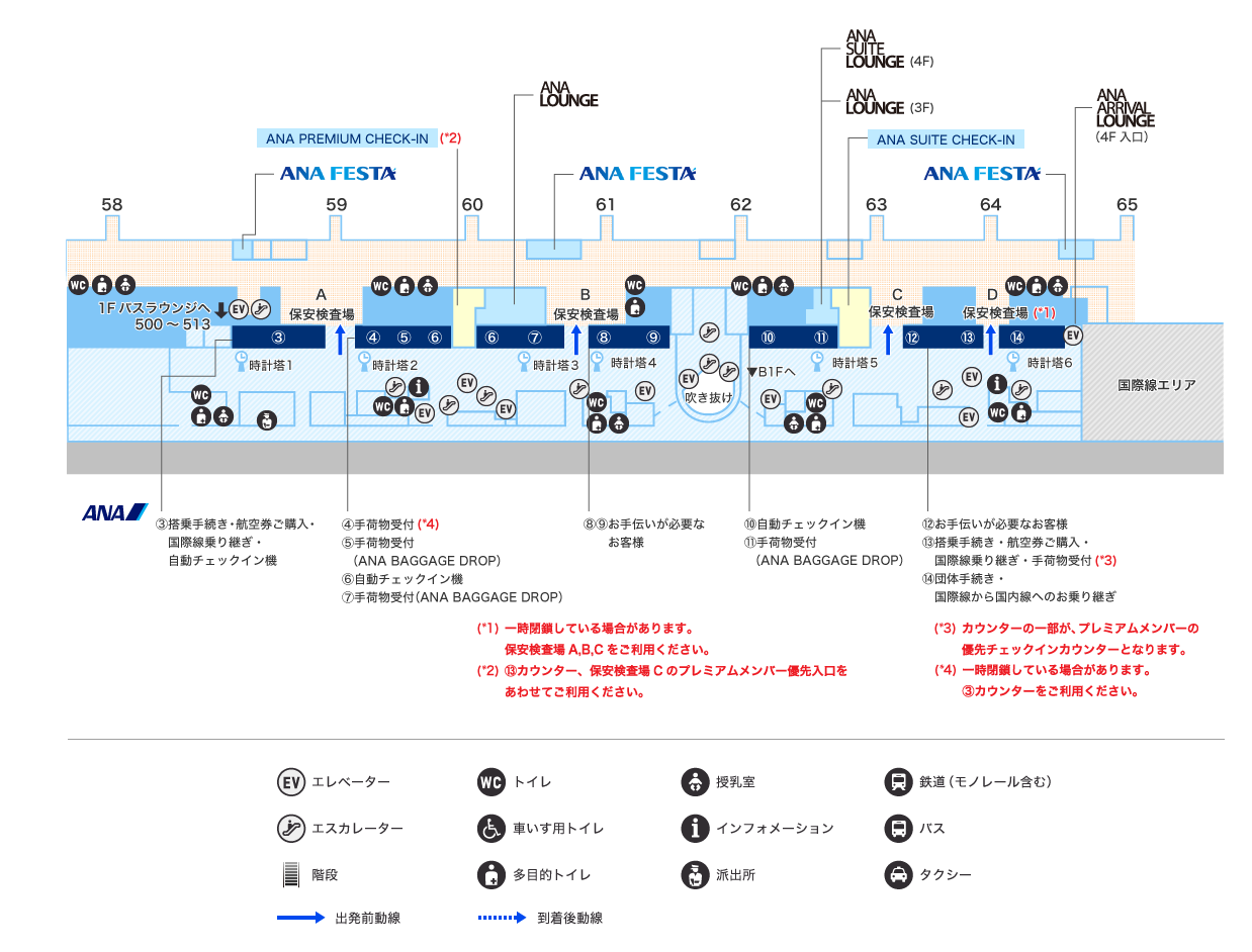 第2ターミナル 2階 出発フロアにある保安検査場B右側・時計塔4番前と保安検査場C右側に「お手伝いが必要なお客様専用カウンター」がございます。