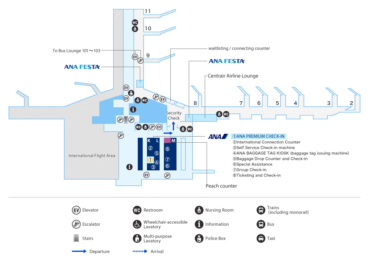 A special assistance counter is located in the 3rd floor departure lobby at counter M6 for ANA Japan domestic flights.