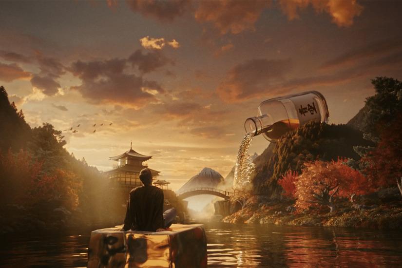 Surreal Japanese landscape with a temple and a giant bottle of Japanese premium whisky pouring into a whisky river.