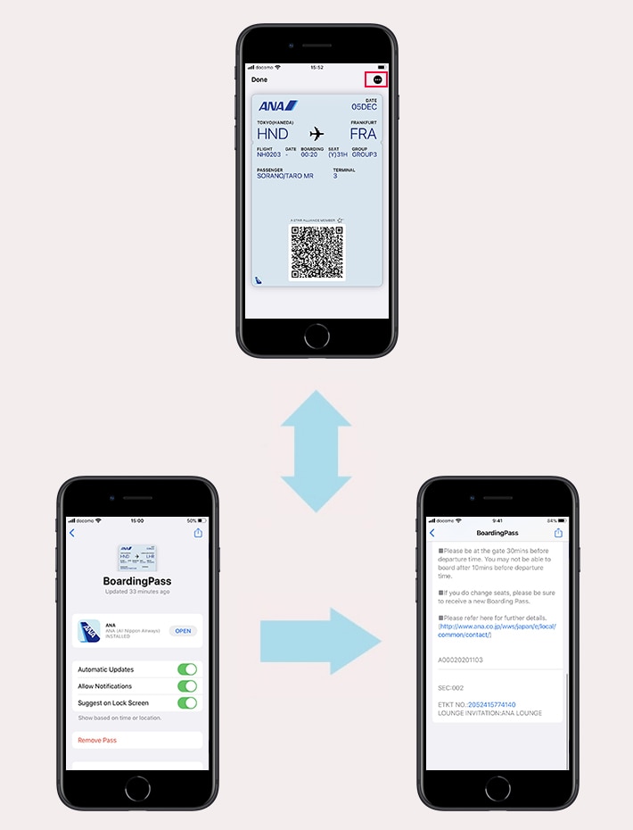 Explanatory image demonstrating how to display the back and front of the ticket