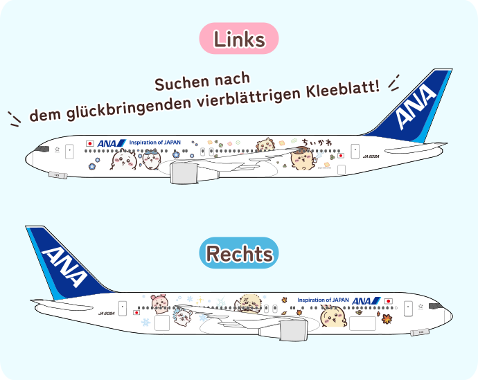 Illustration eines original ANA-Kopfstützenbezugs mit Chiikawa-Motiv. Der Slogan "Let's fly together with Chiikawa!" ist zusammen mit Charakteren wie Chiikawa, Hachiware und Usagi abgebildet.