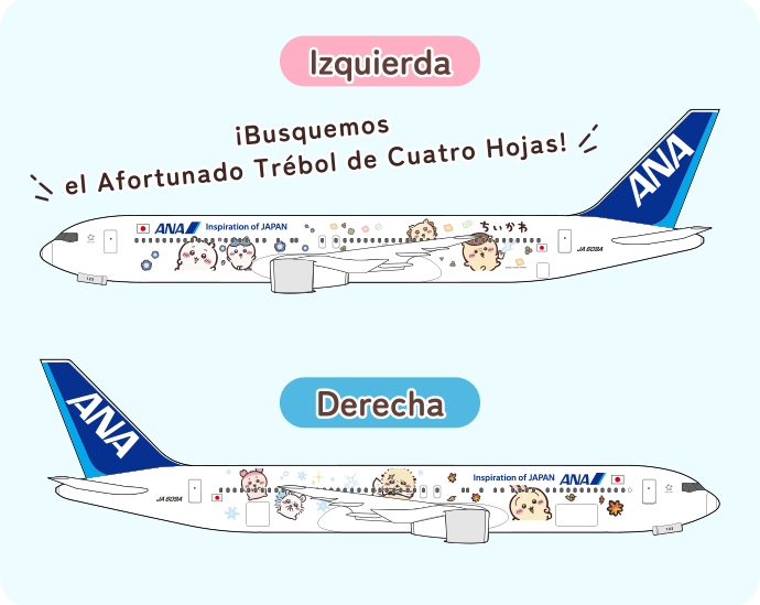 Ilustración de una funda para reposacabezas original de ANA con temática de Chiikawa. El texto “¡Vamos a volar juntos con Chiikawa!” y los personajes como Chiikawa, Hachiware y Usagi.
