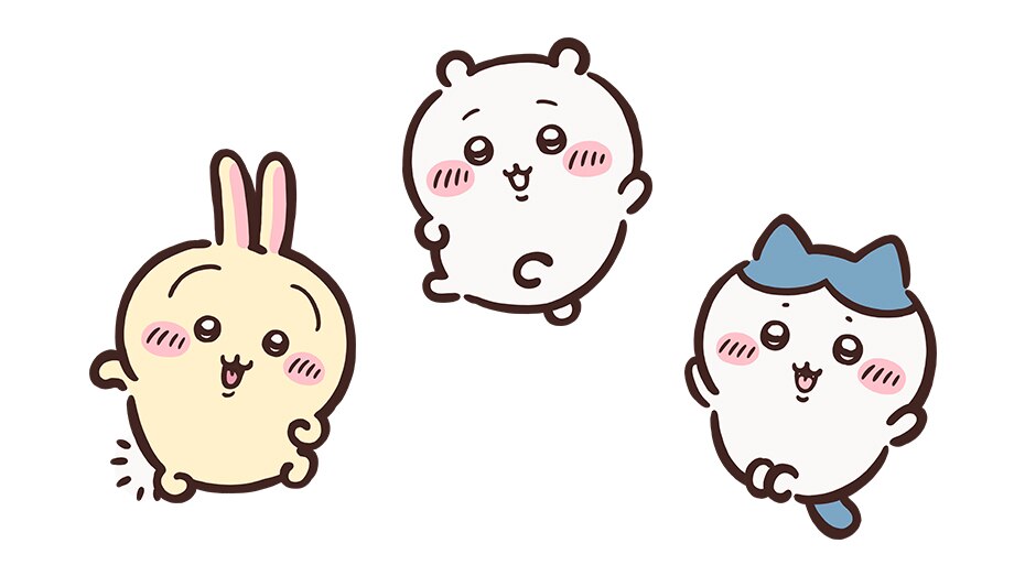 うさぎ、ちいかわ、ハチワレの3キャラクターが並ぶイラスト。楽しそうな表情のキャラクターが描かれている。