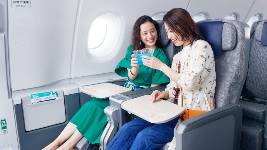 プレミアムエコノミーのお客様と話をするANAスタッフ