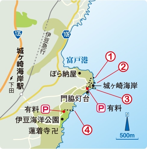 「B 富戸下磯（ふとしもいそ）エリア」の釣りのポイントが地図の画像で紹介されています。北から順に「①二又」「②モズガ根」「③カドカケ」「④陸平根」の位置が図示されています。