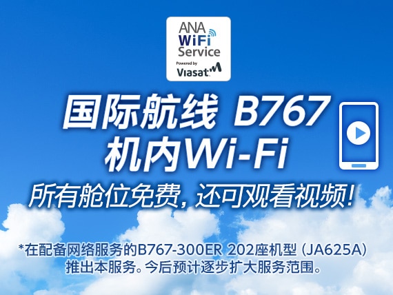 国际航线 B767 机内Wi-Fi 所有舱位免费，还可观看视频！ *在配备网络服务的B767-300ER 202座机型（JA625A）推出本服务。今后预计逐步扩大服务范围。